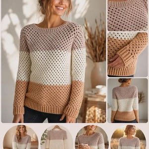 May include: A long-sleeve crochet sweater featuring a color-blocked design with horizontal stripes in muted mauve, cream, and tan. The garment has a round neckline, ribbed cuffs, and a ribbed hem, constructed with a repeating open-work stitch pattern.