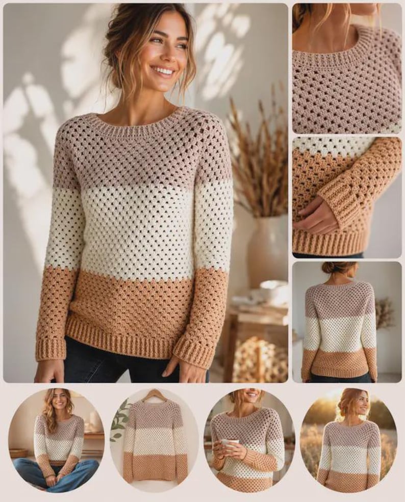 May include: A long-sleeve crochet sweater featuring a color-blocked design with horizontal stripes in muted mauve, cream, and tan. The garment has a round neckline, ribbed cuffs, and a ribbed hem, constructed with a repeating open-work stitch pattern.
