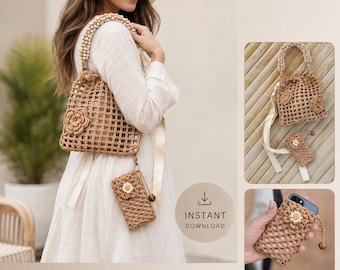 May include: A woven beige handbag with a pearl handle and a matching phone case with a daisy accent. The handbag has a floral embellishment. The phone case is attached to the handbag with a beige strap. The image also includes the text "INSTANT DOWNLOAD".