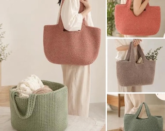 May include: A crochet pdf pattern for a tote bag and a storage basket. The tote bags are shown in dusty pink, coral, and sage green. The storage basket is sage green and contains white fabric. The text pdf pattern is visible.