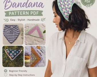 May include: A crochet bandana pattern PDF featuring a pastel purple, green, and white granny square headscarf. The image displays multiple bandana variations, including a floral motif and striped designs, with text labels for a digital download.