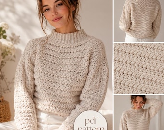 May include: A cream-colored long-sleeve sweater with a mock neck and a textured knit pattern. The garment features ribbed cuffs and a ribbed neckline. A circular white graphic overlay in the bottom right corner displays the text pdf pattern.