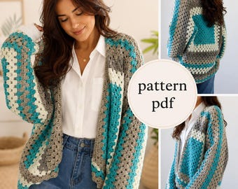 May include: A crochet cardigan featuring a granny square pattern in alternating stripes of turquoise, grey, and white. The open-front garment has long sleeves and a loose fit. A circular graphic overlay on the image contains the text pattern pdf.