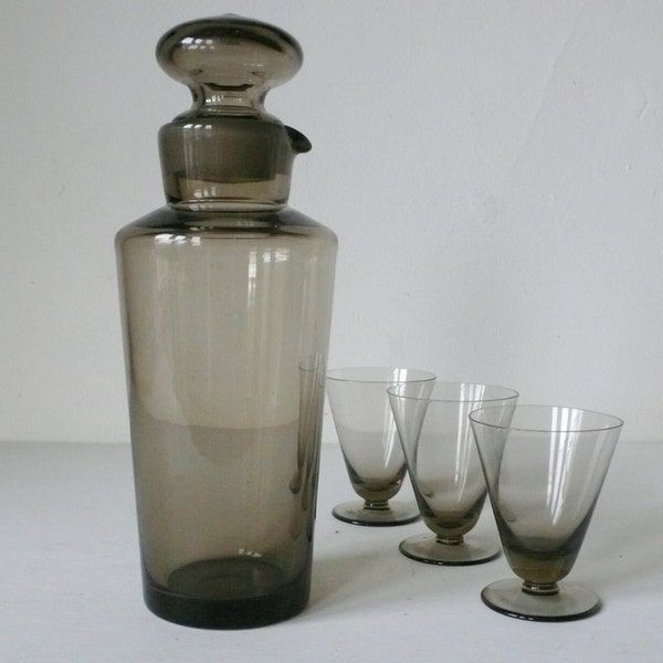 Mid Century Smoked Glass Hand Blown Decanter & Cup Serving Set