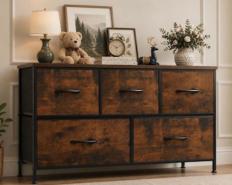 5 Drawer Dresser, Farmhouse Fabric Storage Cabinet, Rustic Wood Top, Metal Frame Organizer