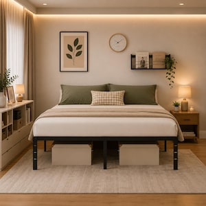 May include: A black metal bed frame with a white mattress, two olive green pillows, and a beige patterned accent pillow. The frame features a rectangular design with open space underneath, currently holding two rectangular storage boxes.