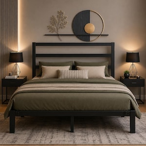 May include: A black metal bed frame with a horizontal slat headboard, featuring an olive green duvet, two large beige pillows, and a smaller rectangular beige lumbar pillow. The bed is flanked by two black nightstands with black lamps.