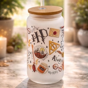 Magical Potter 16oz Frosted Glass Tumbler with Bamboo Lid & Straw ( Suitable for Hot and Cold Drinks).