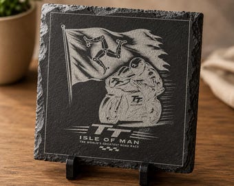 Isle of Man TT Slate Coaster – Engraved Motorcycle Racer Decor – Rustic Drink Mat
