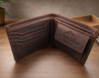 Rustic Buffalo Leather Bifold Wallet – Engraved Dad Gift, Coin Pouch