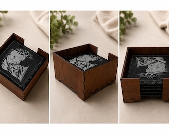 4 x Coffee Slate Coasters & Wooden Holder Set