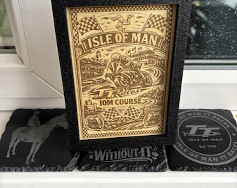 Isle of Man TT Laser Engraved Birch Ply Artwork | Motorcycle Racing (3D PLA Frame)