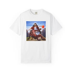 Jesus vs Teufel Basketball Grafik T-Shirt, Vintage Renaissance Glaube Streetwear Shirt