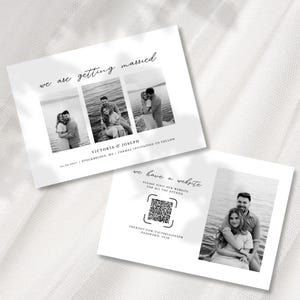 May include: Two white rectangular save-the-date cards with black text and black-and-white photos. The top card reads "we are getting married," "VICTORIA & JOSEPH," and "10.20.2027 | STOCKBRIDGE, MA | FORMAL INVITATION TO FOLLOW." The bottom card features a QR code.