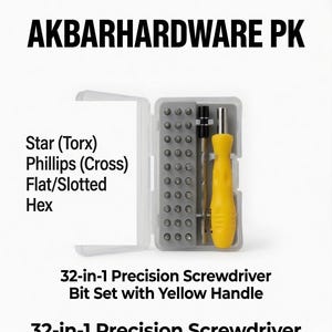 Op de afbeelding: Een 32-in-1 precisieschroevendraaierset in een doorzichtige kunststof behuizing, met een gele handgreep en diverse bits gelabeld als Star (Torx), Phillips (Cross), Flat/Slotted en Hex. De tekst AKBARHARDWARE PK staat boven de gereedschapsset.