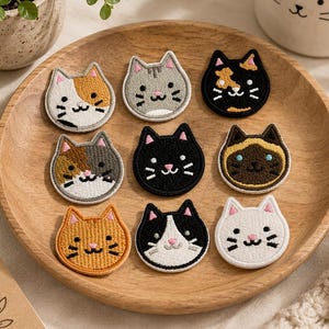 Può includere: Nove toppe ricamate a forma di faccia di gatto in vari colori, tra cui arancione, grigio, nero e bianco, disposte su un piatto di legno. Ogni toppa presenta un volto di gatto dettagliato con baffi e naso rosa, per abbigliamento o progetti creativi.