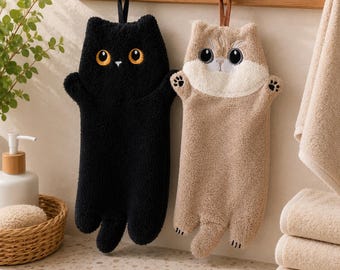 Kawaii kattenbadhanddoeken – Set van 2 zachte polyester handdoeken – Leuk badkameraccessoire – Zwart & beige kattendecoratie
