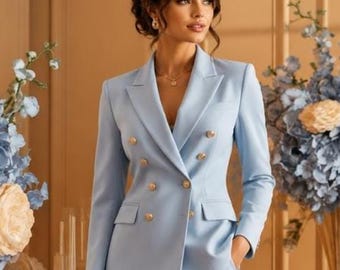 Hellblauer zweireihiger Hosenanzug, elegantes Blazer-Set, formeller Anzug für Hochzeitsgäste