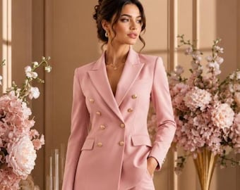 Women's Blush Pink Double-Breasted Blazer and Pants Suit, Formal Wedding Guest Outfit