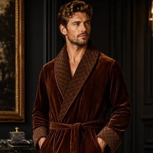 May include: A dark brown velvet robe featuring a quilted shawl collar and matching quilted cuffs. The robe includes a tie belt at the waist and long sleeves, crafted from a soft, plush fabric with a deep, rich tone and a structured, elegant design.