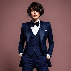 May include: A dark navy blue three-piece suit consisting of a tailored blazer with satin lapels, a matching button-up waistcoat, and trousers. The ensemble is paired with a crisp white collared shirt and a dark navy blue bow tie at the neckline.