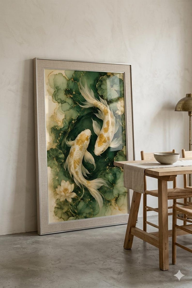 Twin Koi Fish Art Print | Watercolor Alcohol Ink Painting | Emerald ...