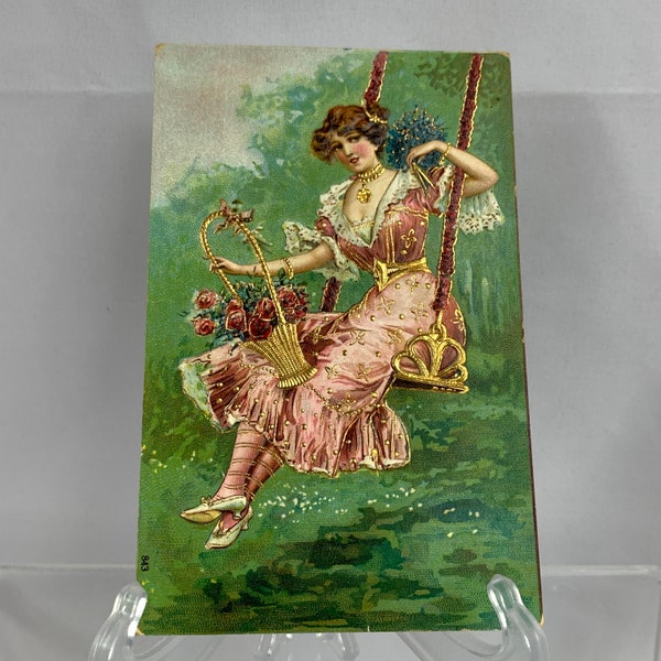 Embossed Gilded Postcard Carte Postale Beauty on Swing Germany