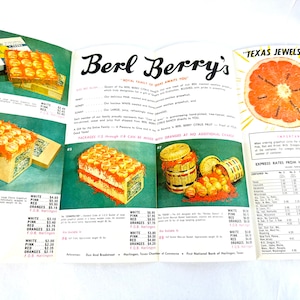 May include: A vintage brochure advertising Berl Berry's Texas Jewels, featuring a close-up of a grapefruit with the text "Texas Jewels" and a table of express rates from Harlingen, Texas. The brochure also includes images of various citrus fruit packages and a description of the company's products.