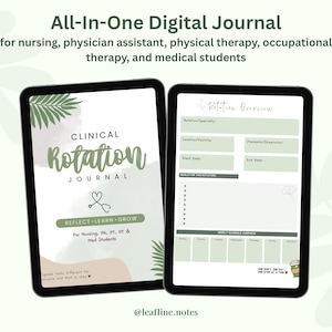 Puede incluir: Dos tabletas digitales que muestran un diario digital. La tableta izquierda muestra "Clinical Rotation Journal" con un diseño de corazón y hojas. La tableta derecha muestra una descripción general de la rotación. El texto en la parte superior dice "All-In-One Digital Journal".