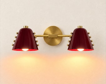 Burgundy Double Light Fixture | Mid Century Modern Bedroom Cone Vanity |Brushed Brass