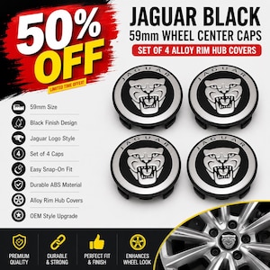 May include: A set of four black and silver Jaguar wheel center caps measuring 59mm in diameter. Each circular cap features the Jaguar logo in the center. The text on the image includes Jaguar Black 59mm Wheel Center Caps Set of 4 Alloy Rim Hub Covers.