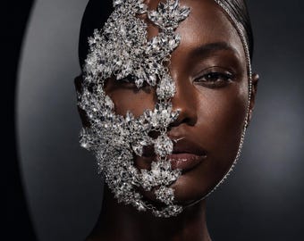 Unique Crystal Half Face Mask, Futuristic Statement Jewelry, Gothic Chic Masquerade Mask, Handmade Festival & Photoshoot Accessory