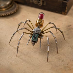 Może przedstawiać: Metalowa rzeźba pająka w stylu steampunk z mosiężnymi, srebrnymi i złotymi akcentami. Pająk posiada skomplikowane detale mechaniczne, w tym koła zębate, płytkę drukowaną i szklaną fiolkę wypełnioną czerwonymi koralikami. Nogi są przegubowe.