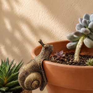 Peut inclure: Une figurine d'escargot en métal de couleur bronze avec une coquille et un corps texturés, conçue pour s'accrocher au bord d'un pot de fleurs en terre cuite. L'escargot présente une coquille en spirale et deux petites antennes sur le rebord.