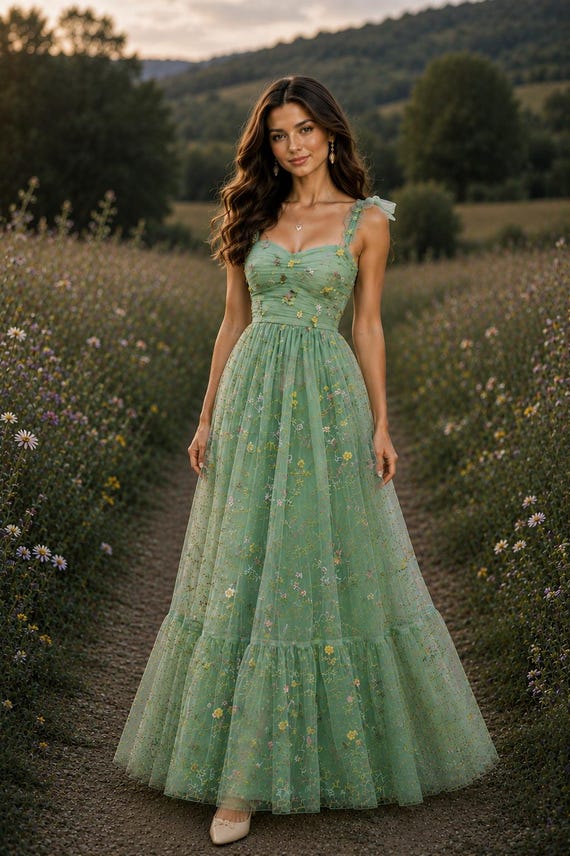 Sage Green Floral Tulle Maxi Dress – Romantic Fairytale Wedding Guest Style
