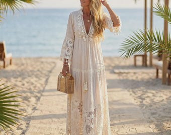 Boho maxi-jurk voor dames, kanten strandjurk, vloeiende vakantie-outfit, romantische zomerjurk, elegante resortjurk