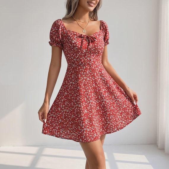 Floral Mini Dress, Puff Sleeve, A-line, Cottagecore Summer Outfit