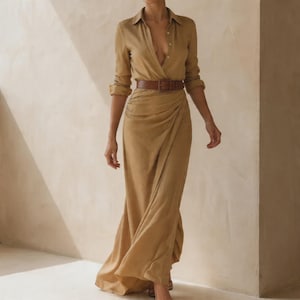 Könnte beinhalten: Ein bodenlanges, beigefarbenes Kleid mit langen Ärmeln, Hemdkragen und einer durchgehenden Knopfleiste. Das Kleid hat eine geraffte, drapierte Taille und wird mit einem breiten, braunen Ledergürtel mit rechteckiger Schnalle betont.