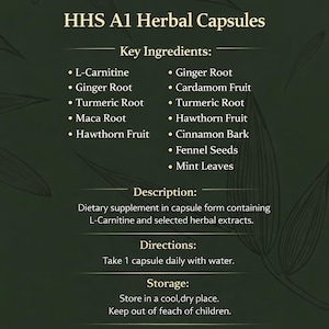 Puede incluir: Dos c&aacute;psulas beige HHS A1 Herbal Capsules sobre un fondo verde oscuro. La imagen incluye texto que enumera los ingredientes clave como L-Carnitina, ra&iacute;z de jengibre y ra&iacute;z de c&uacute;rcuma. El texto tambi&eacute;n proporciona instrucciones y una exenci&oacute;n de responsabilidad.