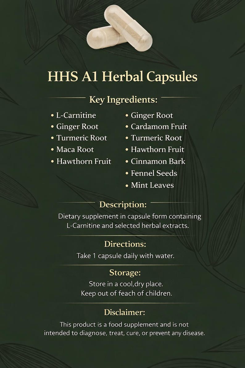 Puede incluir: Dos c&aacute;psulas beige HHS A1 Herbal Capsules sobre un fondo verde oscuro. La imagen incluye texto que enumera los ingredientes clave como L-Carnitina, ra&iacute;z de jengibre y ra&iacute;z de c&uacute;rcuma. El texto tambi&eacute;n proporciona instrucciones y una exenci&oacute;n de responsabilidad.