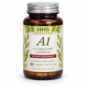 Puede incluir: Una botella de vidrio marr&oacute;n de suplemento diet&eacute;tico A1 L-Carnitina Lepidium. La etiqueta incluye el texto "HHS SINCE 2014", "30 C&aacute;psulas" y "NET WT: 18g". La botella tiene una tapa plateada y est&aacute; sellada para protecci&oacute;n.
