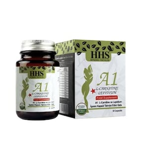 Puede incluir: Una botella de vidrio marr&oacute;n y una caja blanca y verde de suplemento alimenticio A1 L-Carnitina Lepidium. La botella tiene una tapa plateada y una etiqueta con una silueta verde de una persona. La caja tiene un dise&ntilde;o similar.