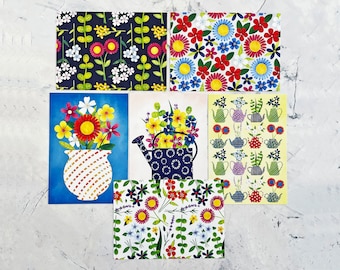Flower postcard set with hand-drawn floral patterns - set of six postcards - botanic gift