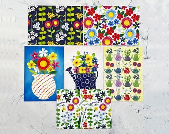 Flower postcard set with hand-drawn floral patterns - set of six postcards - botanic gift