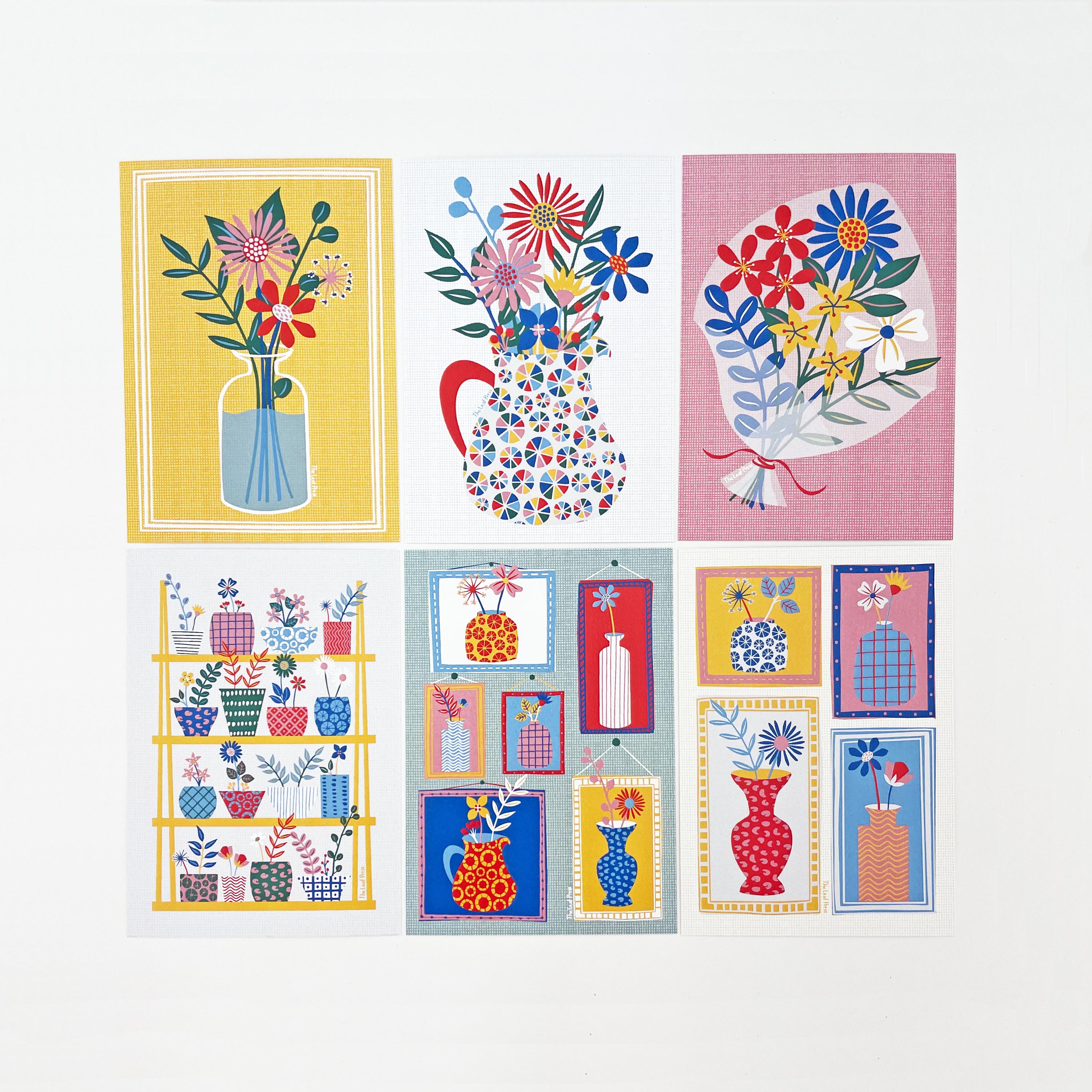 Flower Postcard Set With Hand-drawn Floral Patterns - Set of Six ...
