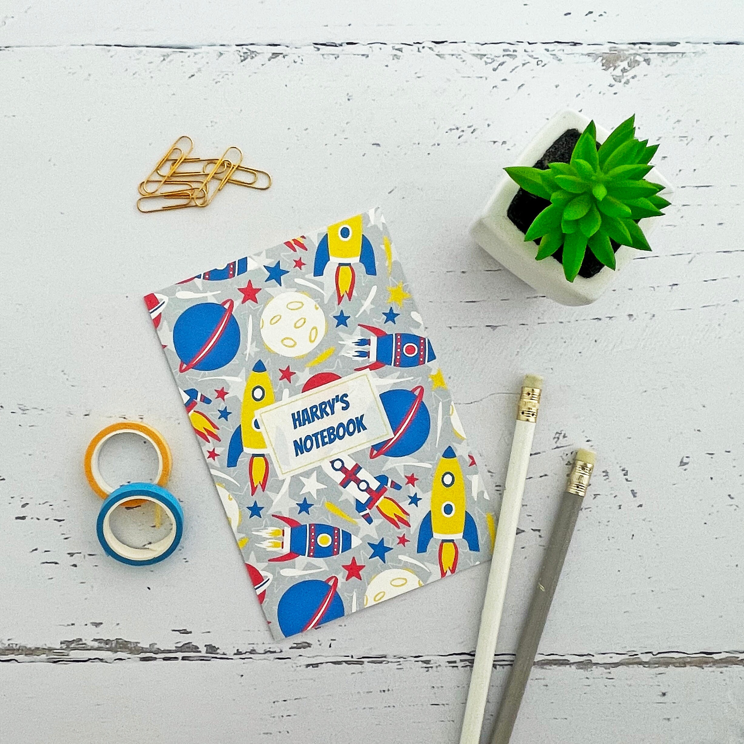 Personalised notebook or drawing book for a child - space rockets design - astronomy themed gift - A6 or A5 sizes