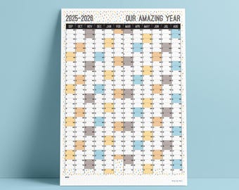 FOLDED IN HALF 2025 Schuljahr oder 2026 personalisierter A3 Wandplaner - 10 Designs zur Auswahl - wird international verschickt
