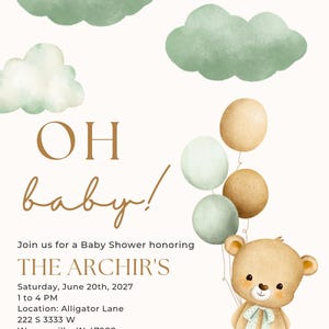 May include: Baby shower invitation with watercolor clouds and a teddy bear holding balloons. The text reads "OH baby!" and includes event details such as date, time, location, and RSVP information.
