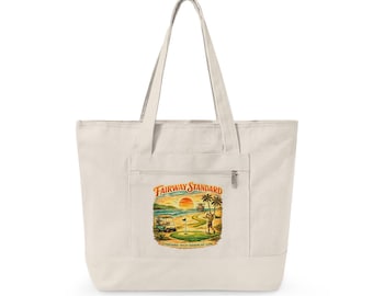 Fairway Standard Vintage Golf Scene Zippered Canvas Tote | Golf Sunset Illustration