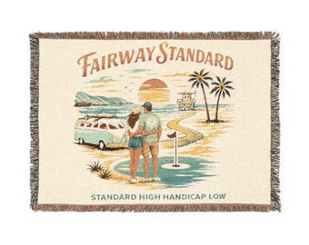 Couple Sunset Beach Scene Woven Blanket | Retro Coastal RV Camping Throw
